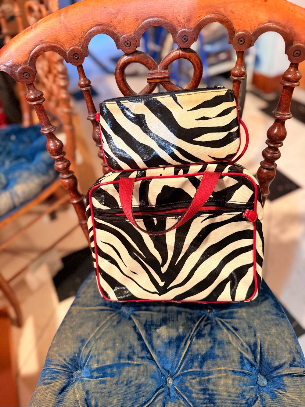 Zebra-Print Travel Tote and Pouch - Black & White with Red Trim